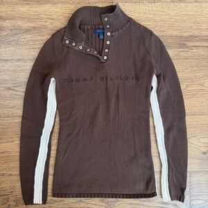 Y2K Tommy Hilfiger Button Collar Brown Embroidered Knit Sweater EUC XS